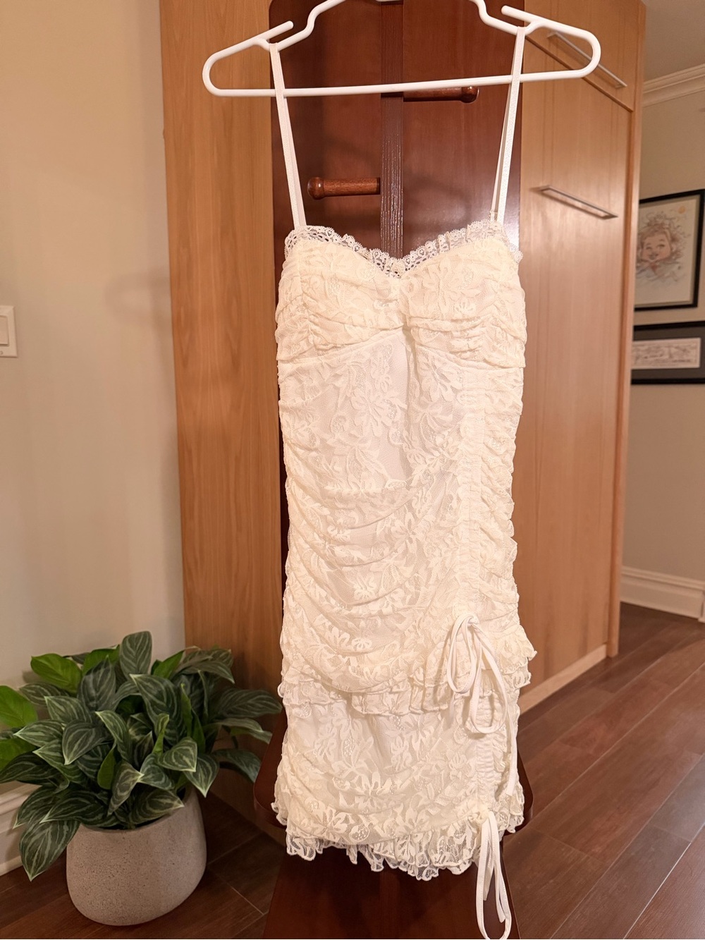 Fashion Nova Cream Lace Ruched Spaghetti Strap Mini Dress